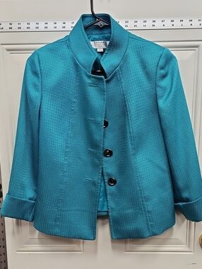 Tahari ASL Teal Textured Button-Front Stand-Collar Jacket